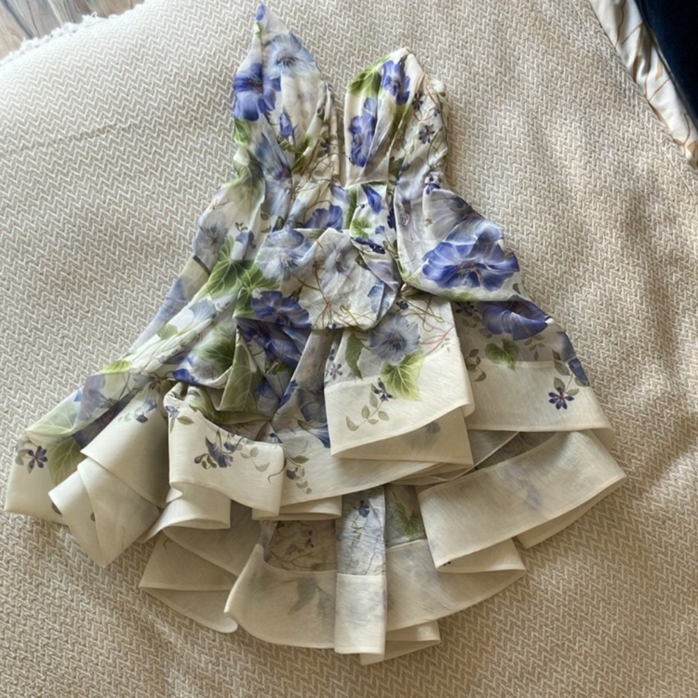 Zimmermann Asymmetrical Dress in Blue and Cream Floral